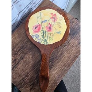 VTG Wooden Hand Mirror with Floral Back Boho Cottagecore Vanity Decor